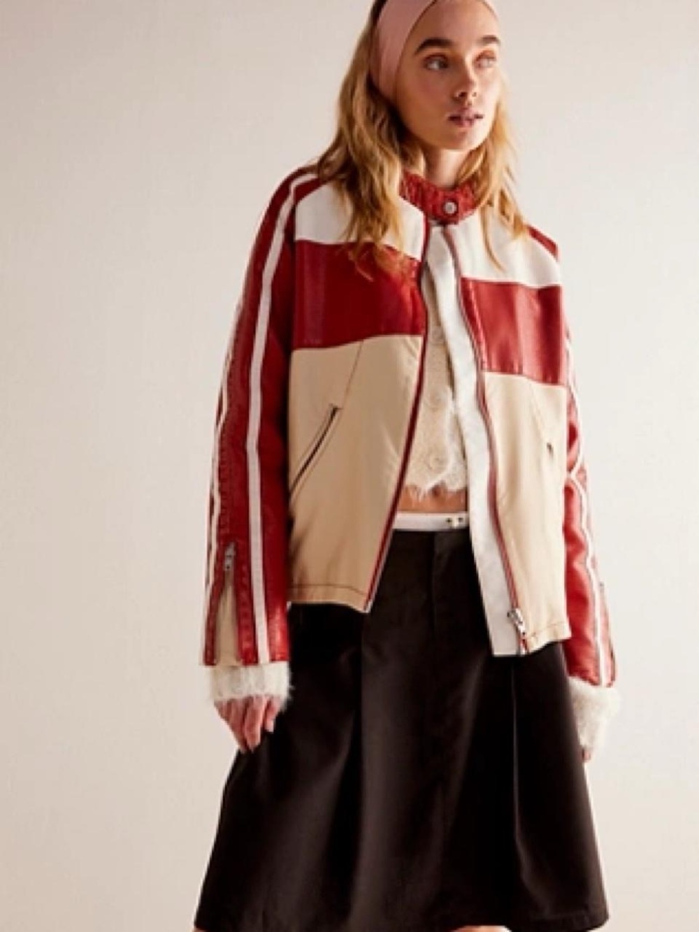 We The Free Ryder Sport Vegan Moto Jacket Red Cream Size S NWT